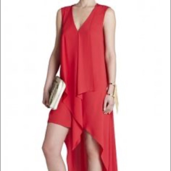 BCBGMaxAzria Red Tara Tiered Asymmetrical Midi Tank Dress V Neck Size M - Picture 2 of 8